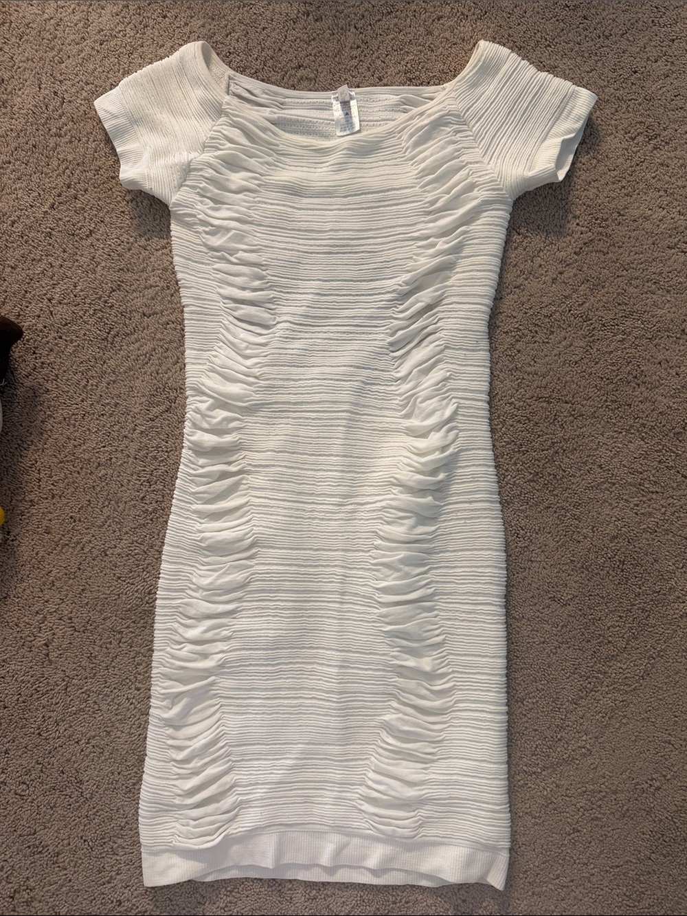 White Textured Ruched Short-Sleeve Sheath Dress